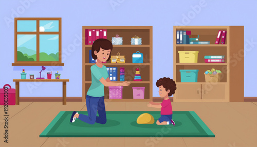 Inclusive Classroom Scene Vector – Teacher Supporting Autistic Child, Sensory-Friendly Learning Environment, Warm Flat Illustration