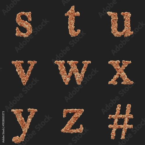 Set of 3D Ornamental Floral Lowercase Letters S, T, U, V, W, X, Y, Z and Hash Sign Covered with Peach and Cream Flowers