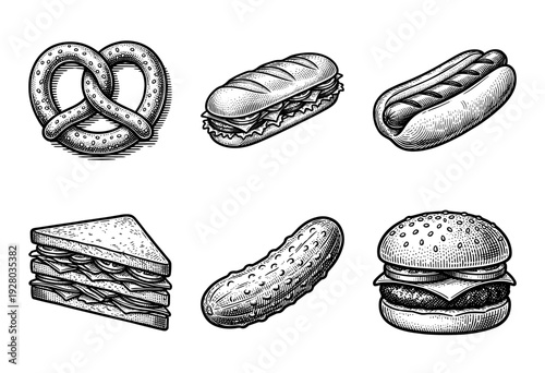 Vintage woodcut style collection of fast food and snacks featuring a pretzel sandwich hot dog pickle and cheeseburger
