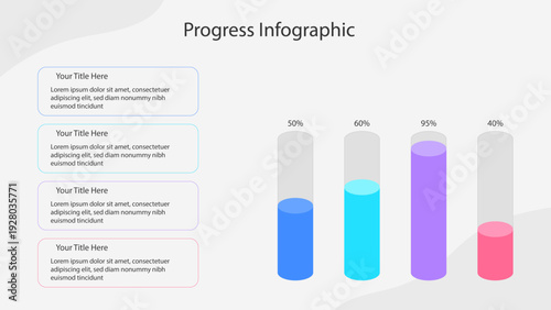 Modern infographic template with 4 options. Progress infographic for business presentation. Project status data visualization in cylinder shape.