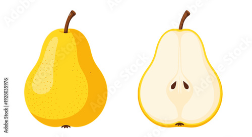 Whole and halved pears display fresh fruit with a simple design