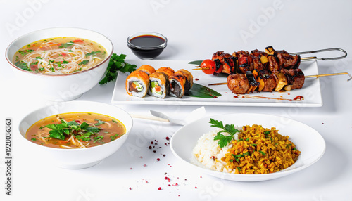 Assortment of Asian and Grilled Foods with Rice and Soup