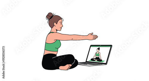 Woman doing yoga, following an online class on a laptop.