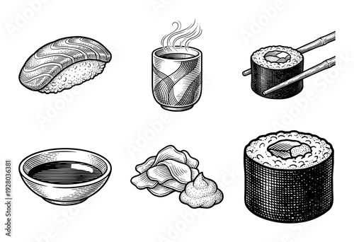 Vintage engraving style sushi set featuring nigiri, maki rolls with chopsticks, steamed green tea, soy sauce bowl, pickled ginger, and wasabi paste.