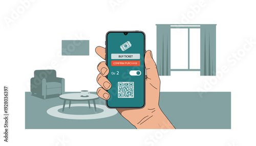 Hand holding smartphone with ticket purchase confirmation on screen in modern living room