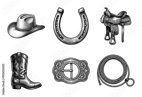 Vintage cowboy and western equipment set featuring hand drawn engraving style illustrations of a hat horseshoe saddle boot belt buckle and lasso.