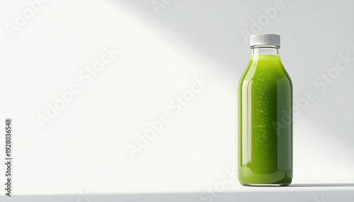 Fresh Green Juice in a Clear Glass Bottle with White Cap on White Background
