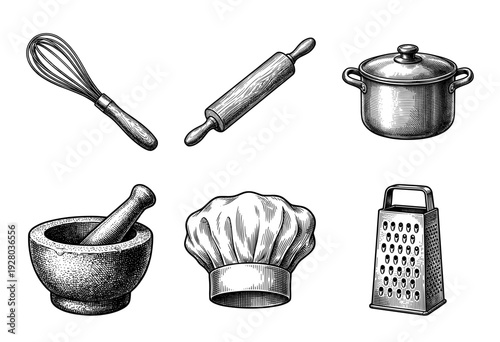 Vintage style engraving collection of kitchen utensils and chef hat featuring whisk rolling pin cooking pot mortar pestle and grater