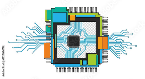 Abstract representation of a microchip with colorful circuit board details