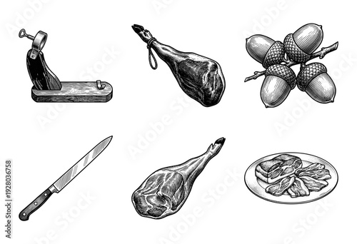 Vintage engraving collection of Spanish jamon serrano including iberico ham leg, acorns, carving knife, and wooden stand holder in black and white line art style.