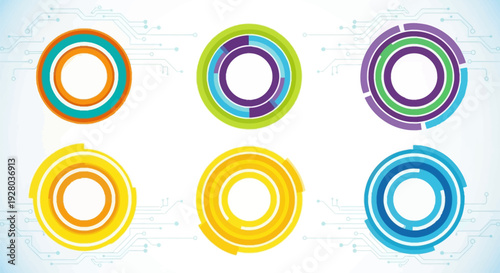 Colorful circular diagrams with circuit board elements in the background
