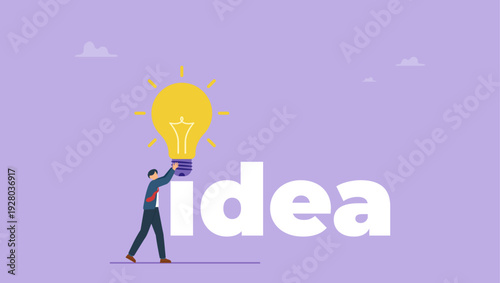 Businessman put lightbulb on word Idea. Creating and building idea concept.