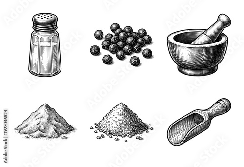 Vintage engraving style collection of kitchen spices and tools featuring salt shaker peppercorns mortar pestle and wooden scoop
