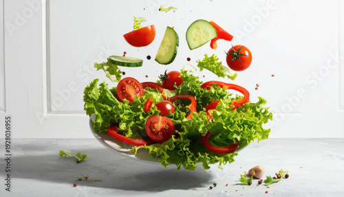 Levitating Salad Bowl with Fresh Vegetables and Flying Ingredients