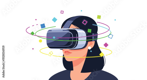A woman wears a dark virtual reality headset with orbiting colorful shapes.