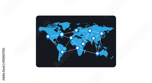 A simplified blue world map with white continent outlines and interconnected circular nodes is framed in a dark grey rectangle.