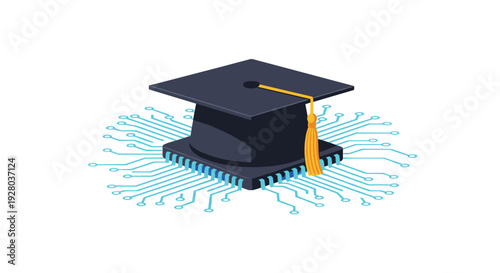 A black graduation cap with a golden tassel rests on a blue microchip with numerous light blue circuit lines extending outwards.