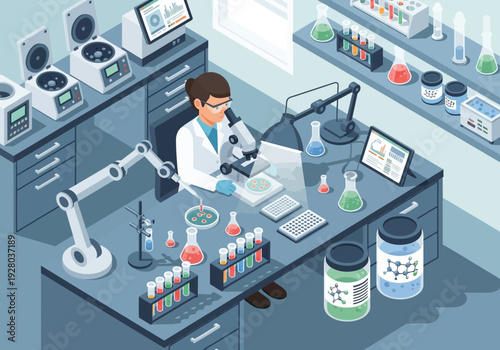 Scientist working in a laboratory with advanced equipment and experiments