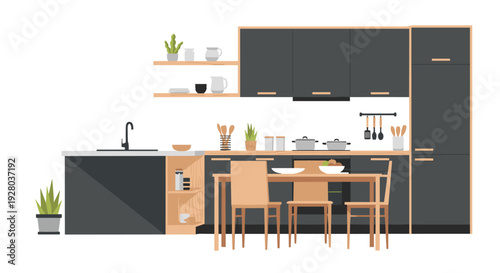 A contemporary kitchen features dark grey cabinets, wooden shelves, a sink, and a dining table with chairs on a white background.