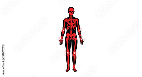 A full human figure with a black silhouette and red skeleton overlay features white circular highlights on wrists, elbows, knees, and ankles.