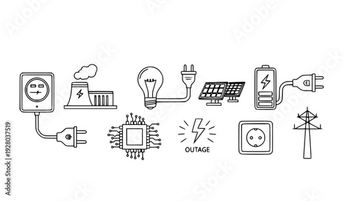 music Energy and Electricity Infrastructure Outline Icons Collection Renewable Power Vector Set