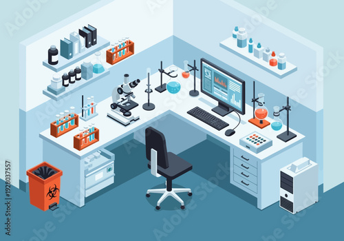 Modern laboratory interior design with advanced scientific equipment and computer workstation