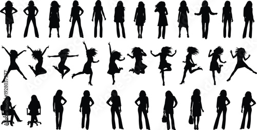 Black silhouettes of women in various poses, standing, jumping, sitting, walking, female fashion models, isolated on white background, vector illustration