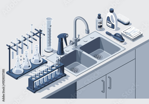 Laboratory equipment arranged on a countertop beside a double sink, including beakers, test tubes, and cleaning supplies