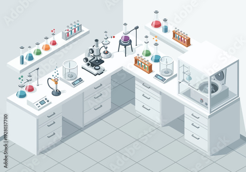Isometric laboratory setup with scientific equipment, beakers, microscopes, and chemical vials on benches