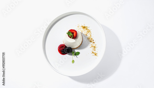 Elegant white panna cotta dessert with berries and mint on a white plate