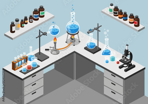 Scientist's laboratory setup with beakers, flasks, and microscope on a blue background, featuring equipment for chemical experiments