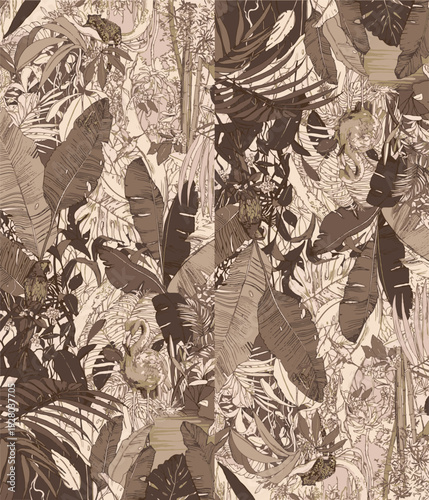 botanic seamless pattern with exotic flowers and leaves, hand drawn background. floral pattern. Tile with tropical leaf