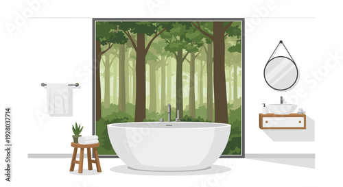 A stylish bathroom features a pristine white oval bathtub centrally placed before a expansive window showcasing a dense, atmospheric forest.