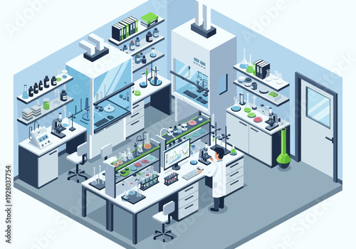 Isometric laboratory setting with scientists conducting research and experiments