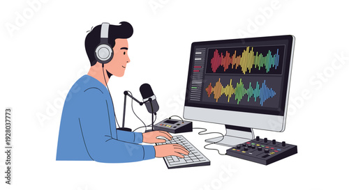 A man wearing headphones sits at a desk, typing and viewing colorful sound waves on a monitor, with microphone and audio mixer.