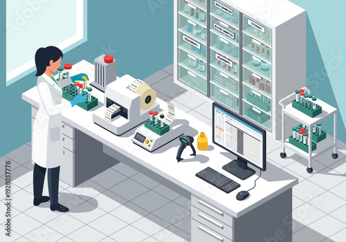 Illustration of a laboratory with scientists and scientific equipment on a white background