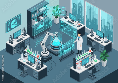 Futuristic laboratory with advanced technology and robotic arm