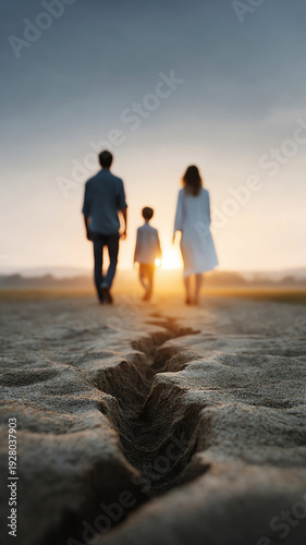 Family with child walks away on cracked earth, concept of divorce or relationship problem. poignant journey with hope towards sunset