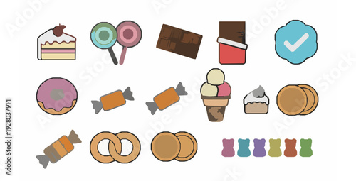 Cute cartoon sweets and candy dessert vector set isolated on white background