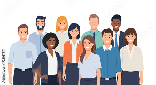 A large diverse group of ten smiling individuals, six men and four women, stands in business attire on white.