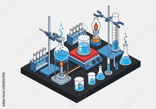 An isometric laboratory setup with beakers, flasks, and heating elements, illustrating scientific experimentation and discovery
