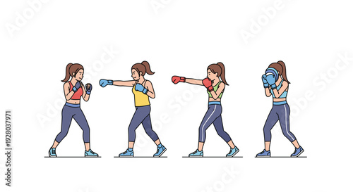 Four women in different boxing stances wear various colored gloves.