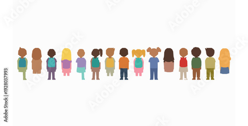 Back view school children with backpacks flat cartoon vector set isolated on white