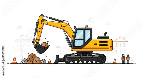 A yellow excavator is actively digging a pile of rocks and dirt on a construction site, with two workers nearby.