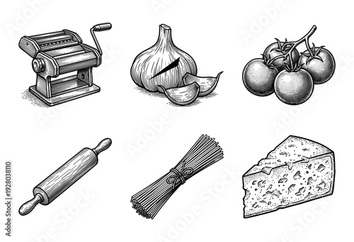 Vintage engraving style collection of Italian pasta making elements including manual machine, rolling pin, spaghetti, garlic, tomatoes, and cheese wedge.