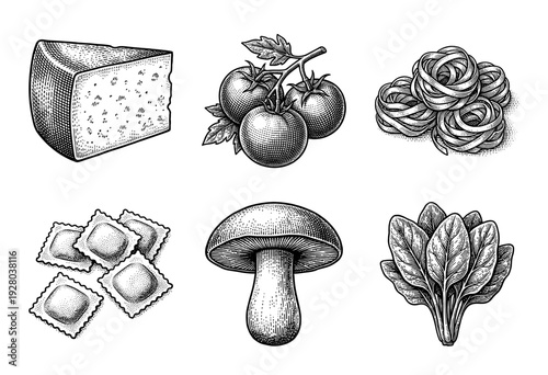 Vintage woodcut illustration of Italian food ingredients including pasta, cheese, tomatoes, mushrooms, ravioli, and spinach.