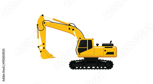 A bright yellow excavator with an extended arm and black tracks is presented in profile on a plain white background.