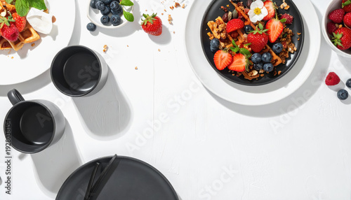 Bright Breakfast Table Setting with Waffles, Berries, and Coffee