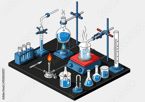 Laboratory equipment setup for scientific experiments including beakers, flasks, and a Bunsen burner