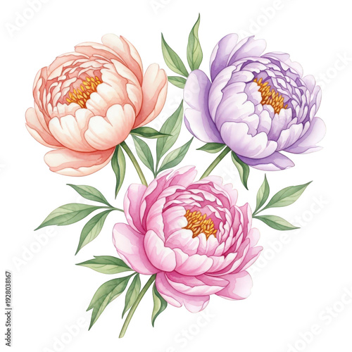Vibrant peony flowers in pink, peach, and purple isolated on transparent background